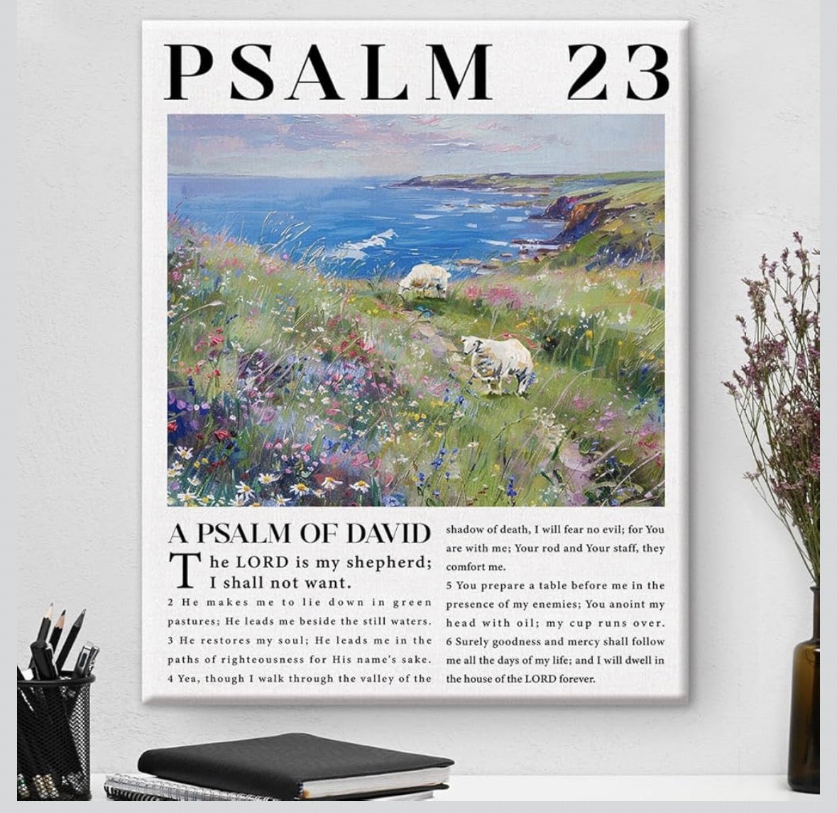 Bible Verse Canvas Wall Art Christian the Lord ls My Shepherd Psalm 23 Scripture Poster Picture Print Artwork Framed for Home Decor 8x10 Inches
