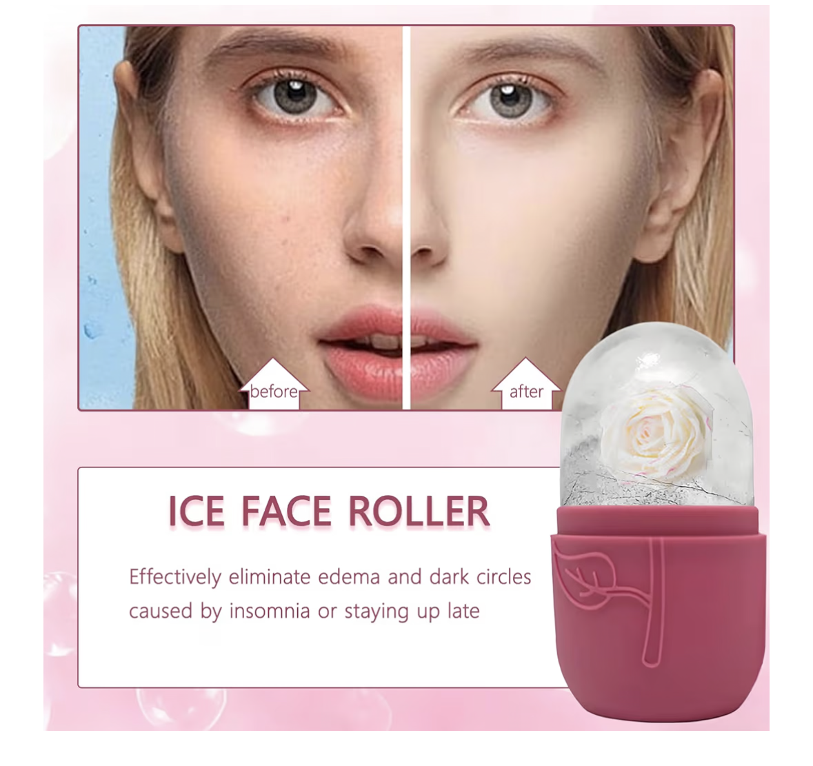 2PCS Ice Cube Roller Massager for Face, Eyes & Neck, Skin Care Tool, De-Puffing Eye Bags, Migraine Relief, Reusable Ice Mold for Face Massage (Rose Red & Pink)