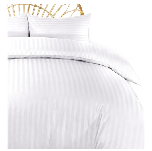100% Cotton Luxury Hotel Quality Sateen Duvet Cover Set, 2cm Satin Stripe, Hidden Button Closure, Ultra-Soft Sateen Weave, Breathable & Hypoallergenic (White, Queen 240x220cm)
