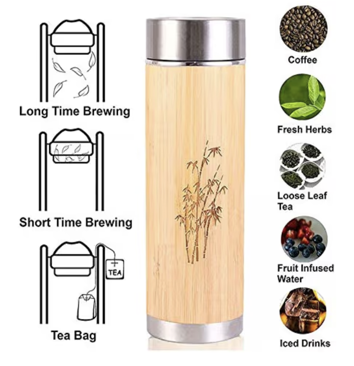 PagKis Bamboo Stainless Steel Flask Water Bottle/Thermos with Tea Strainer | Double Wall Vacuum Insulated | Hot & Cold (450 ML)