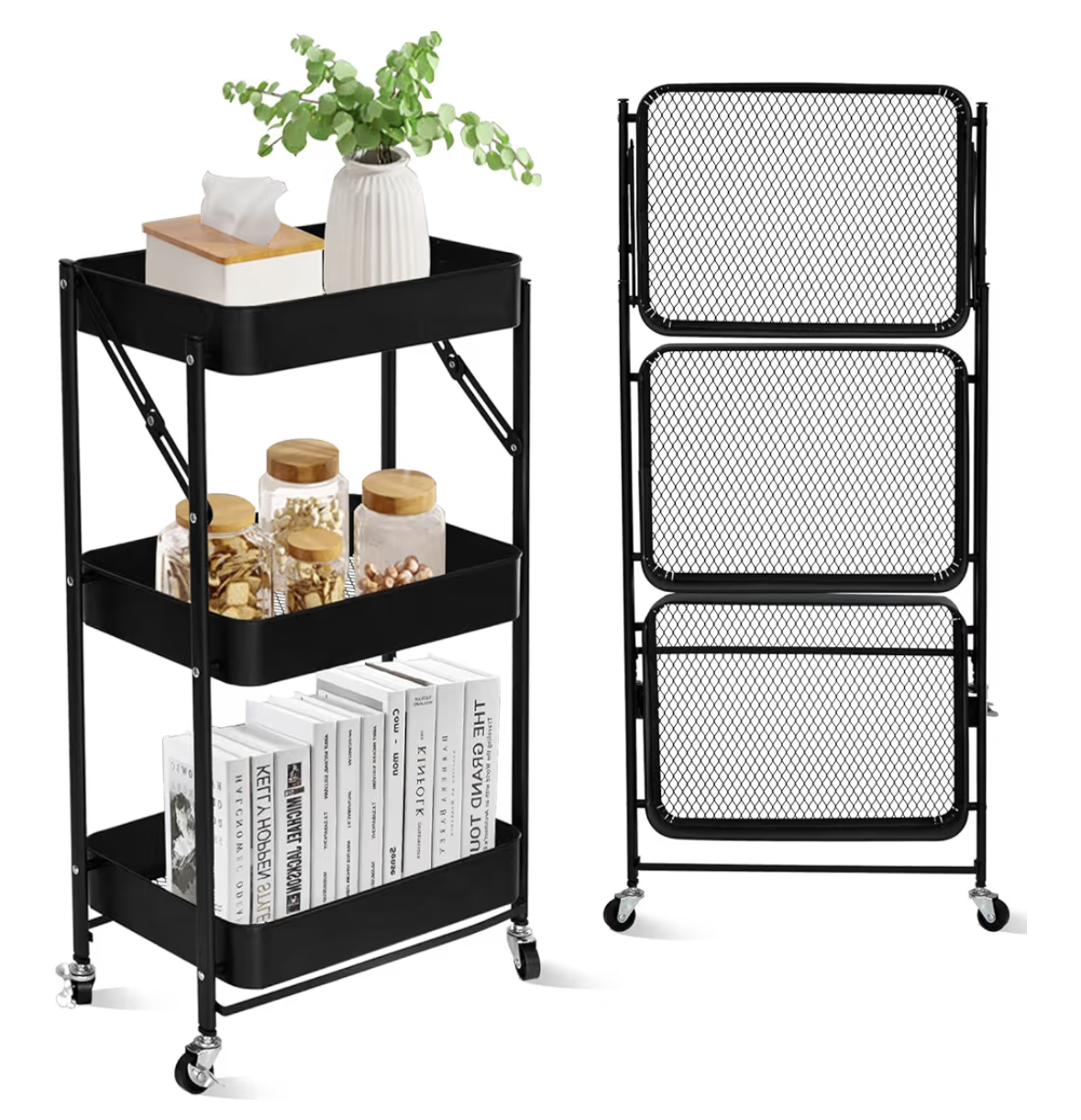 SKY-TOUCH 3 Tier trolley organizer,Foldable Metal Rolling Utility Cart Organizer, Multipurpose Organizer Trolley with Casters for Kitchen, Bedroom, Bathroom, Office, Laundry Room and Garage Black