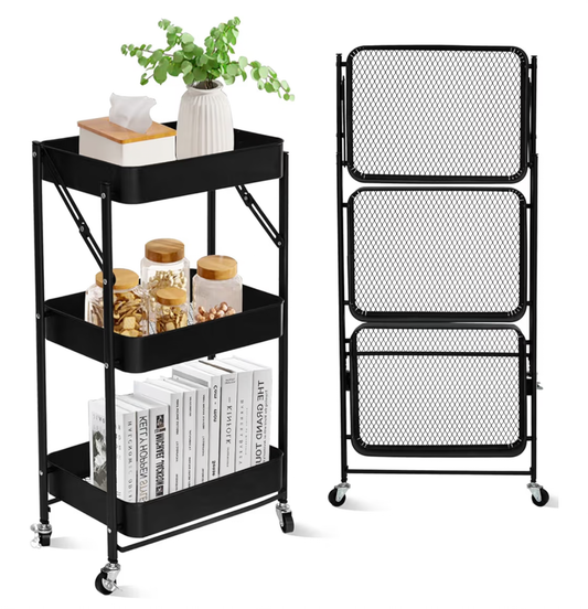 SKY-TOUCH 3 Tier trolley organizer,Foldable Metal Rolling Utility Cart Organizer, Multipurpose Organizer Trolley with Casters for Kitchen, Bedroom, Bathroom, Office, Laundry Room and Garage Black