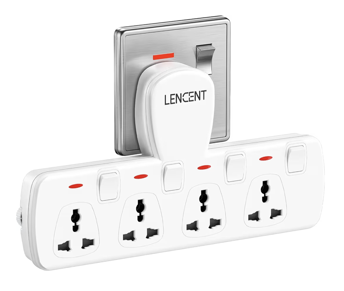 LENCENT Multi Plug Extension Socket, 4 Way Electrical Outlet Extender, Wall Charger, Universal Plug Adapter, Charging Station for Home, Office, Kitchen, Individually Switched