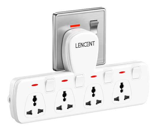 LENCENT Multi Plug Extension Socket, 4 Way Electrical Outlet Extender, Wall Charger, Universal Plug Adapter, Charging Station for Home, Office, Kitchen, Individually Switched