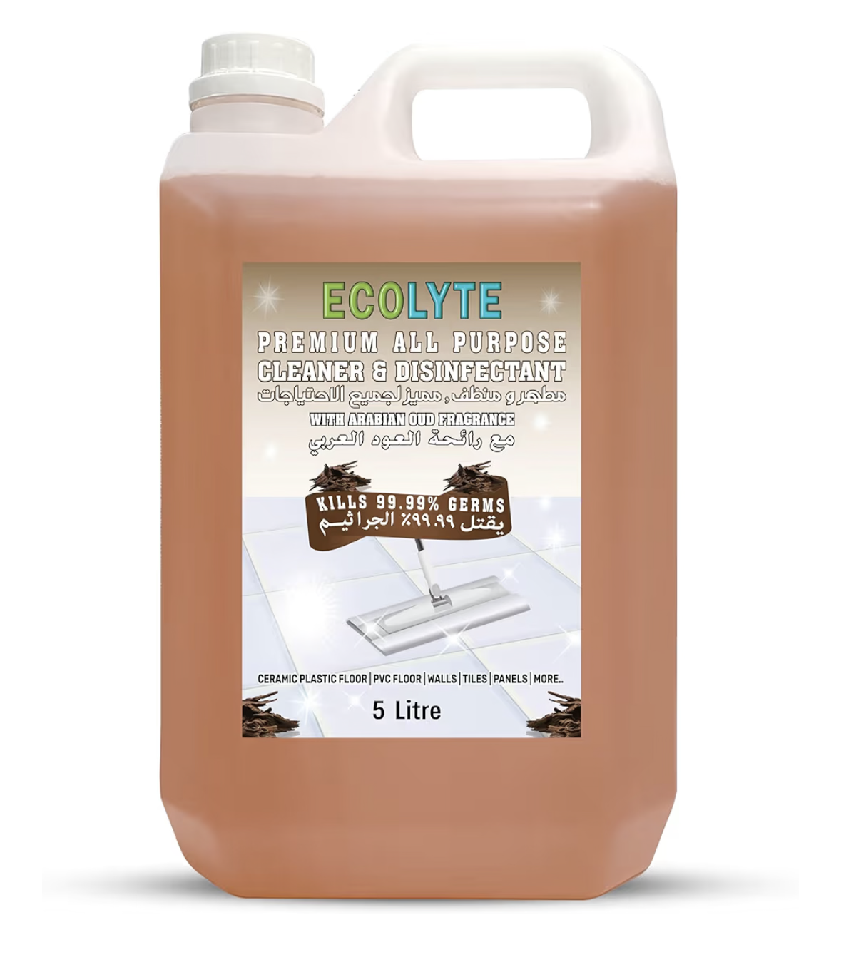ECOLYTE+ Floor Cleaner, Premium All Purpose Cleaner Plus Disinfectant, for Hospital, Home, Office & Commercial Use for Dirt, Stains & Germs, Floor Cleaning (Arabian Oud, 5 Liter)