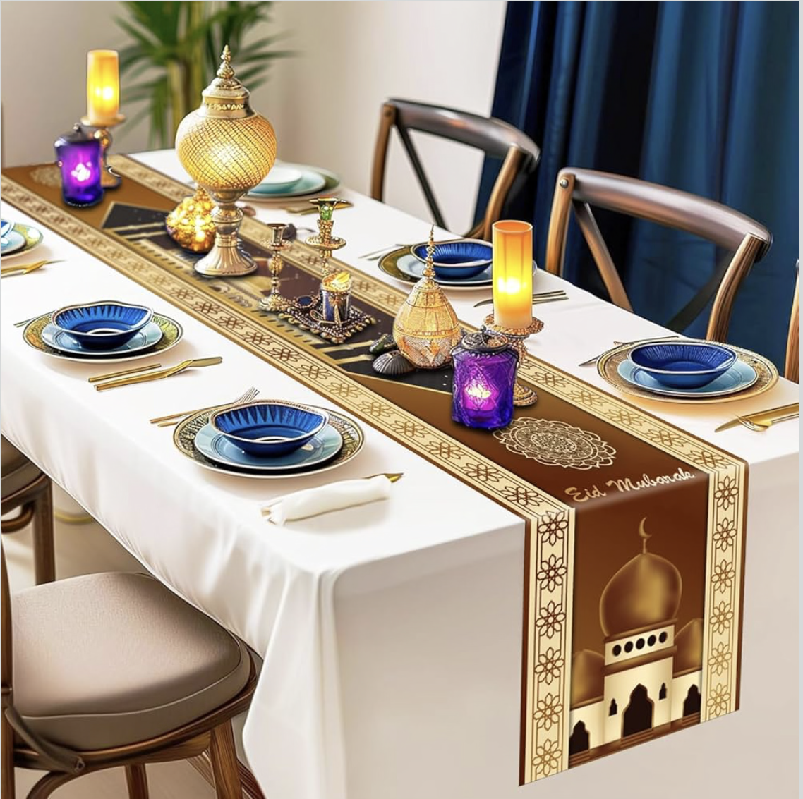 Rness Eid Al Adha Decorations, 5pcs Eid Mubarak Table Decorations with Eid Al-Fitr Table Runner and 4 Pcs Decorative Pillow Covers Party, Home, Dining Room, Table Decorations