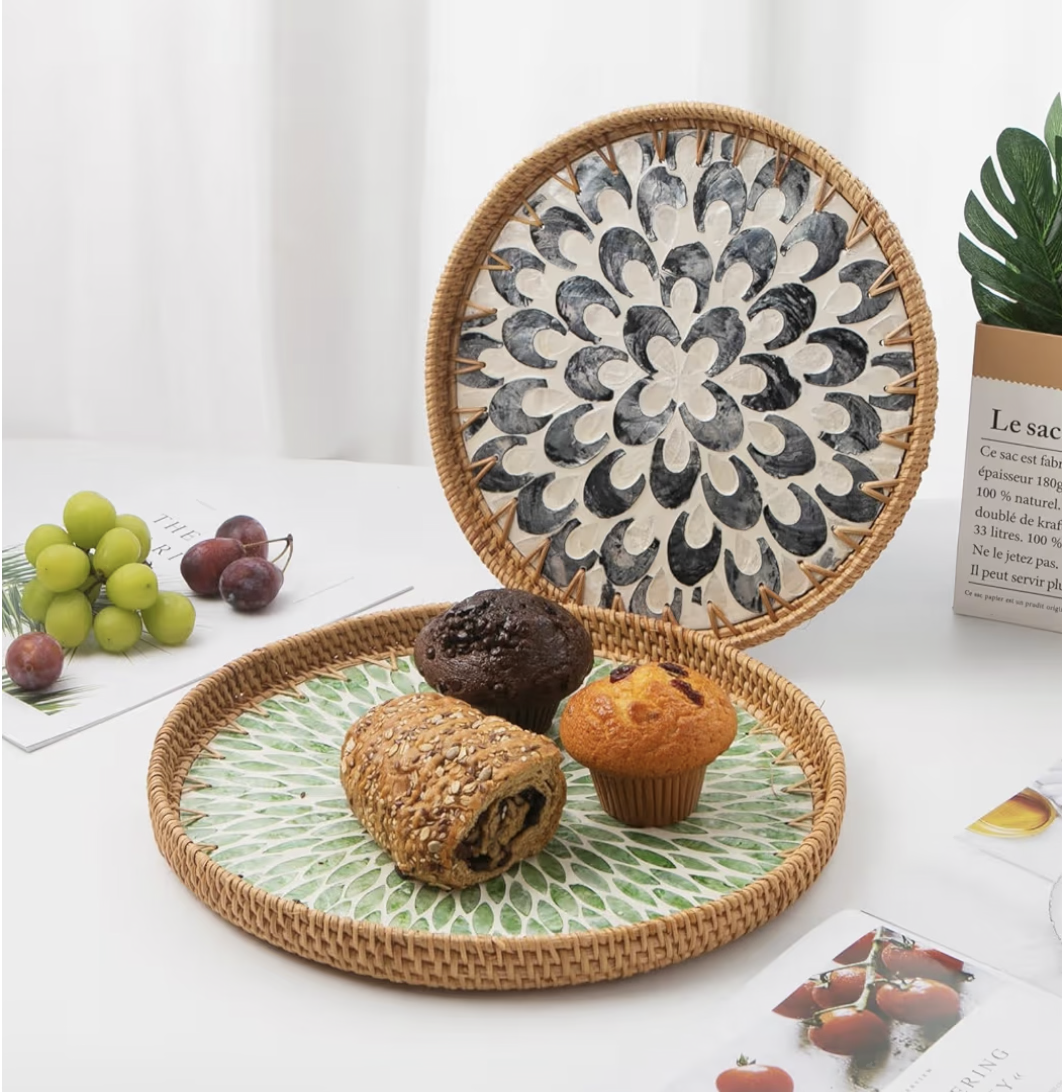 Round Rattan Tray with Mother of Pearl Inlay, Decorative Woven Serving Tray with Wooden Base, Handcrafted Wicker Basket Tray for Bread, Fruits, and Coffee, Leaf Design, Home Decor