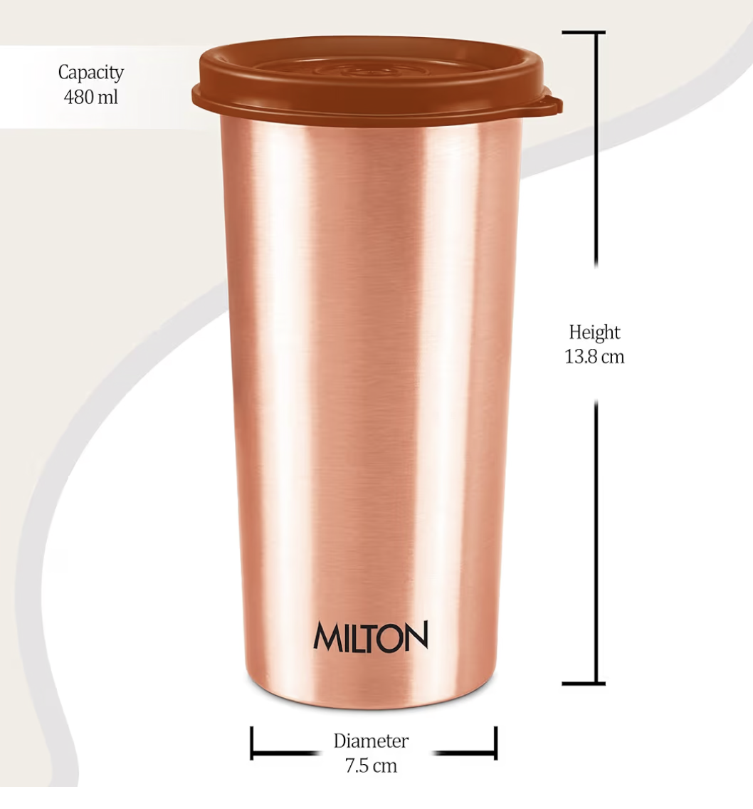 MILTON Copper Drinking Water Tumbler with Lid, 1 Piece, 480 ml, Copper | 100% Leak Proof
