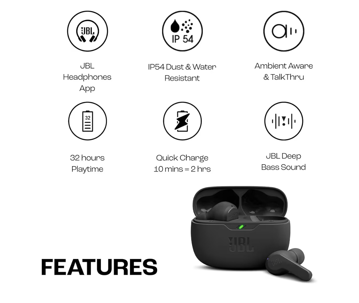 JBL Wave Beam True Wireless Earbuds, Deep Bass, Comfort Fit, 32H Battery, Smart Ambient, TalkThru, Hands-Free + VoiceAware, Water and Dust Resistant - Black, JBLWBEAMBLK
