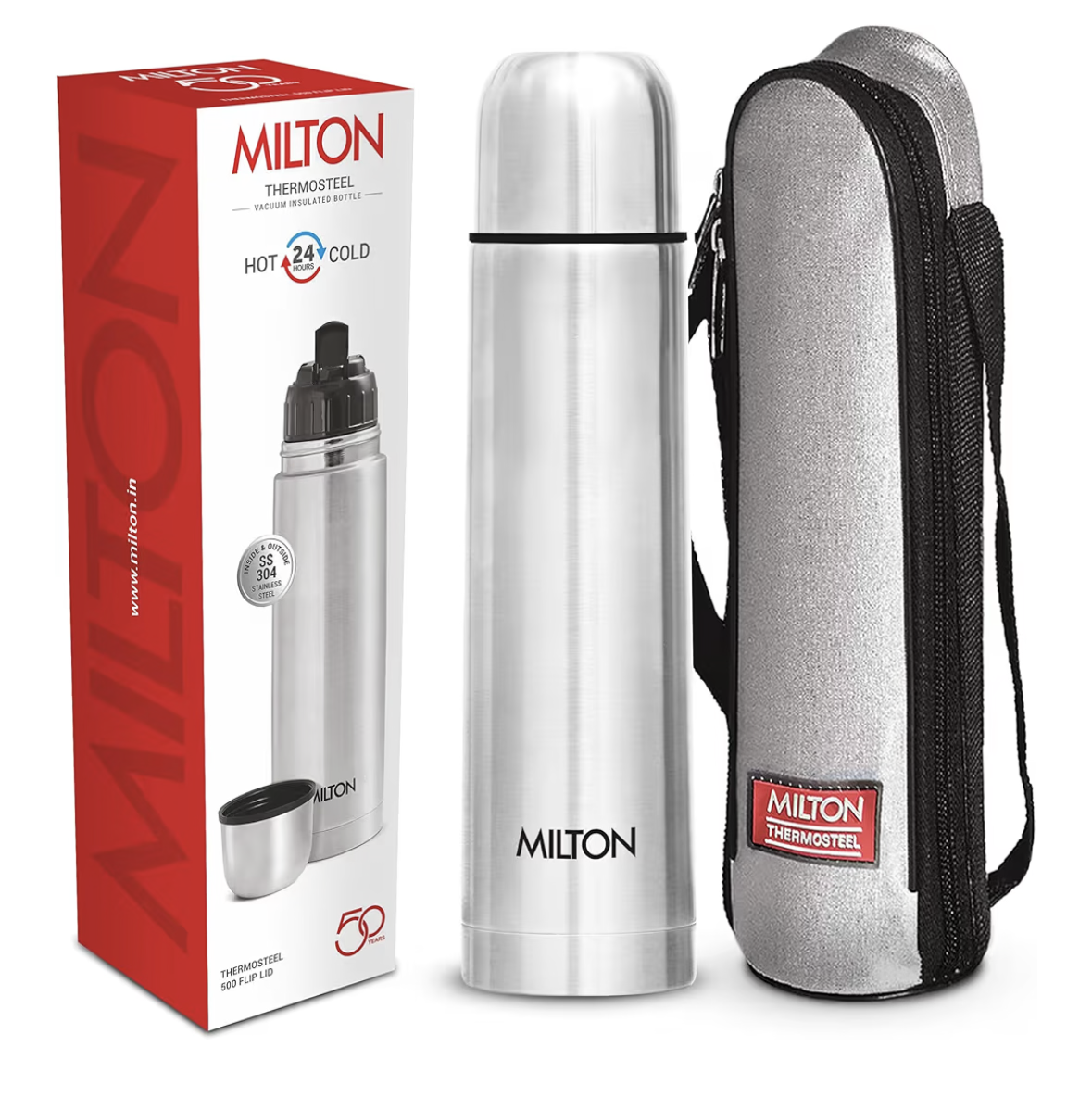 Milton Thermosteel Flip Lid 500, Double Walled Vacuum Insulated Thermos 500 ml | 16 oz | 24 Hours Hot and Cold Water Bottle with Cover, Stainless Steel, BPA Free,Leak Proof | Silver