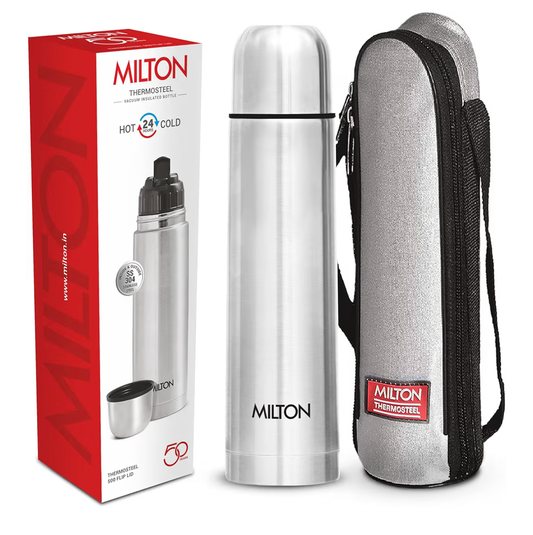 Milton Thermosteel Flip Lid 500, Double Walled Vacuum Insulated Thermos 500 ml | 16 oz | 24 Hours Hot and Cold Water Bottle with Cover, Stainless Steel, BPA Free,Leak Proof | Silver