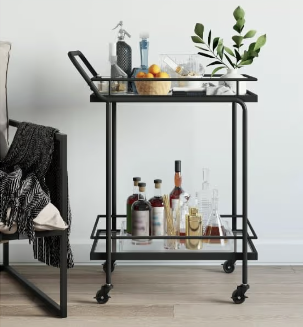 LINGWEI Premium 2-Tier Metal Bar Cart with Glass Shelves and Lockable Wheels - 1.3cm Metal Frame Elegant Serving Trolley for Home, Kitchen, Dining, Bar, and Hospitality Settings