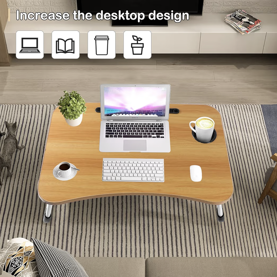 Sky-Touch Portable Folding bed Table, Laptop Desk With ipad and Cup Holder Adjustable Lap Tray Notebook Stand,Foldable Non-slip Legs Reading Table Tray for working,studing,camping 60×40×28cm Beige