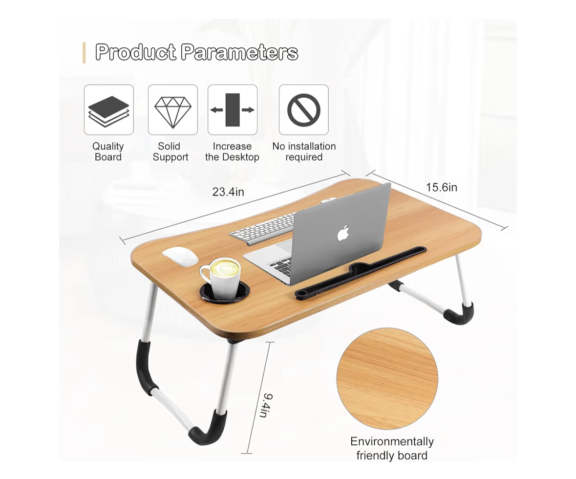 Sky-Touch Portable Folding bed Table, Laptop Desk With ipad and Cup Holder Adjustable Lap Tray Notebook Stand,Foldable Non-slip Legs Reading Table Tray for working,studing,camping 60×40×28cm Beige