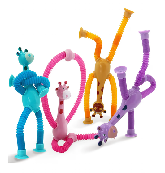 Boxgear 4 Pieces LED Telescopic Suction Cup Giraffe Toy, Shape Changing Telescopic Tube Fidget Toys, Pop Tubes, Fidget Tubes Sensory Toys for Girls Boys (Giraffe)