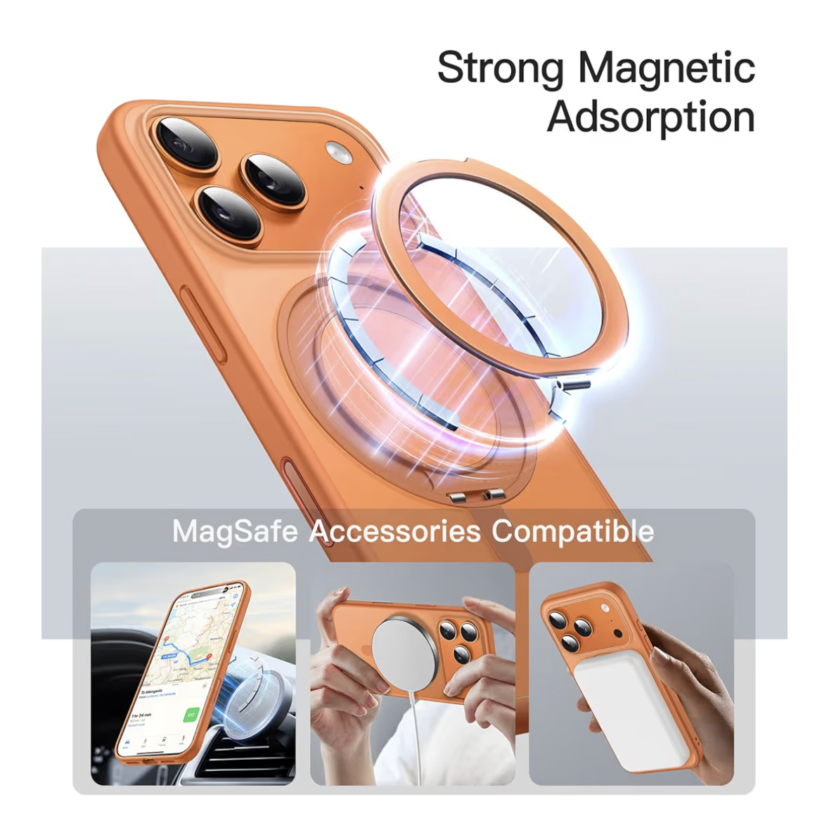 JETech 360 Degree Rotatable Ring Case for iPhone 17 Pro 6.3-Inch with Camera Control Button, Compatible with MagSafe, Slim Shockproof Phone Cover with Stand & Ring Holder (Orange)