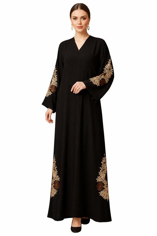 Elegant Black Floral Embroidered Abaya For Women's Button Closure V-neck Long Sleeve Muslim Abaya