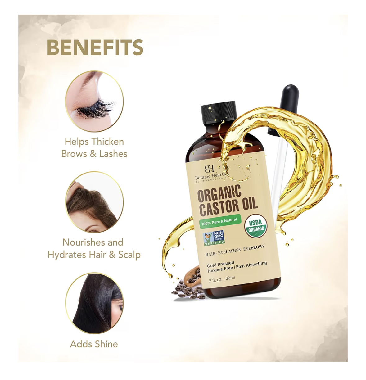 Botanic Hearth Castor Oil | USDA Certified Organic |100% Pure & Hexane Free | Cold Pressed | Growth for Eyelashes, Eyebrows, Hair | With Eyebrow & Eyelash Brush | 60 ML |