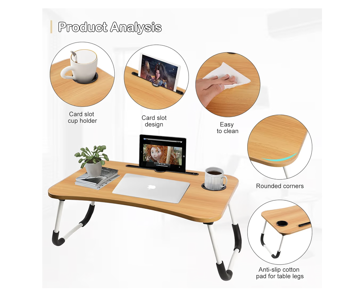 Sky-Touch Portable Folding bed Table, Laptop Desk With ipad and Cup Holder Adjustable Lap Tray Notebook Stand,Foldable Non-slip Legs Reading Table Tray for working,studing,camping 60×40×28cm Beige
