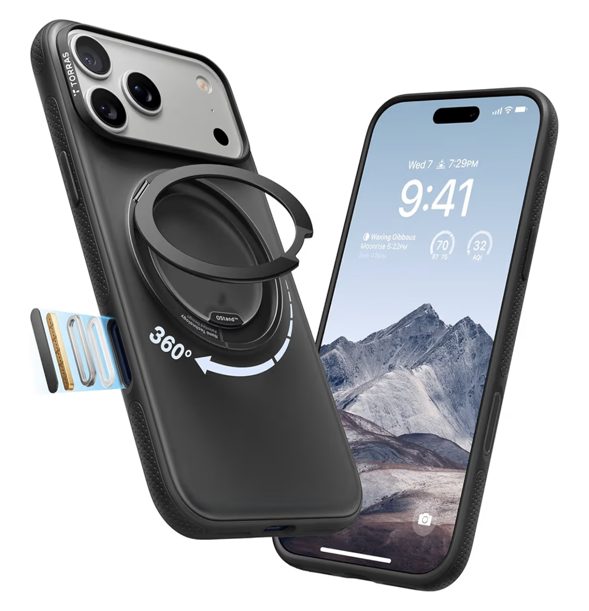 TORRAS 360 Rotatable Stand for iPhone 17 Pro Max Case, Compatible with Magsafe, Mil-Grade Protection, Slim Ergonomic Grip, Camera Control, Ostand O3 Fitness 6.9'', Black