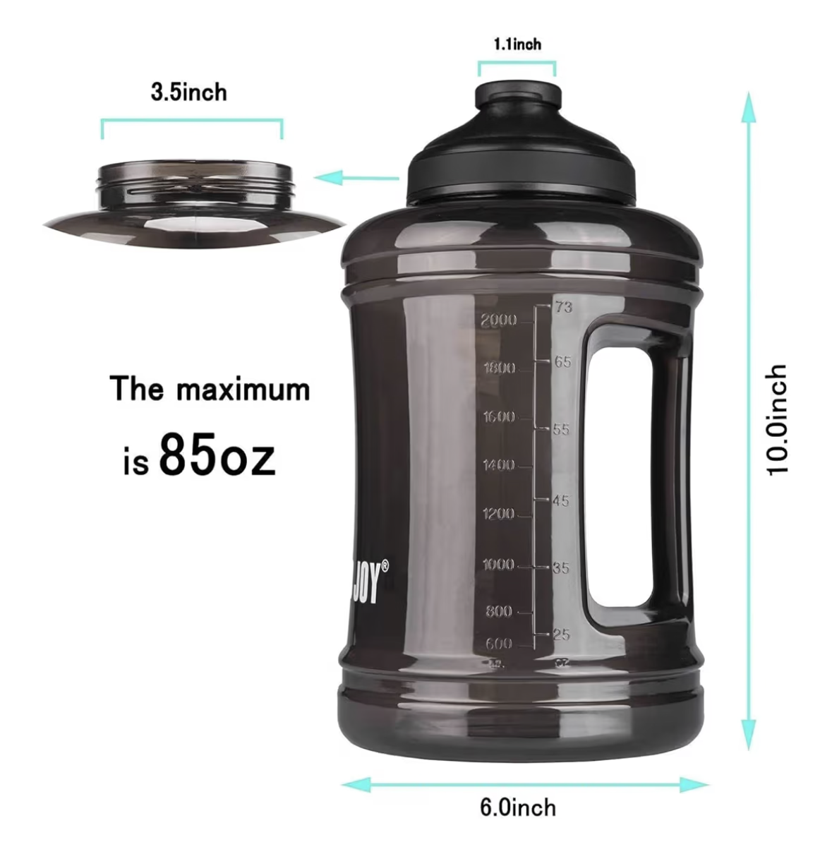 VENNERLI 2.5L Large Sports Water Bottle with Handle Half Gallon BPA Free Plastic Water Bottles Wide Mouth 83oz Reusable Gym Water Jug for Home Drinking Outdoor Sports Hiking Fitness (Black)