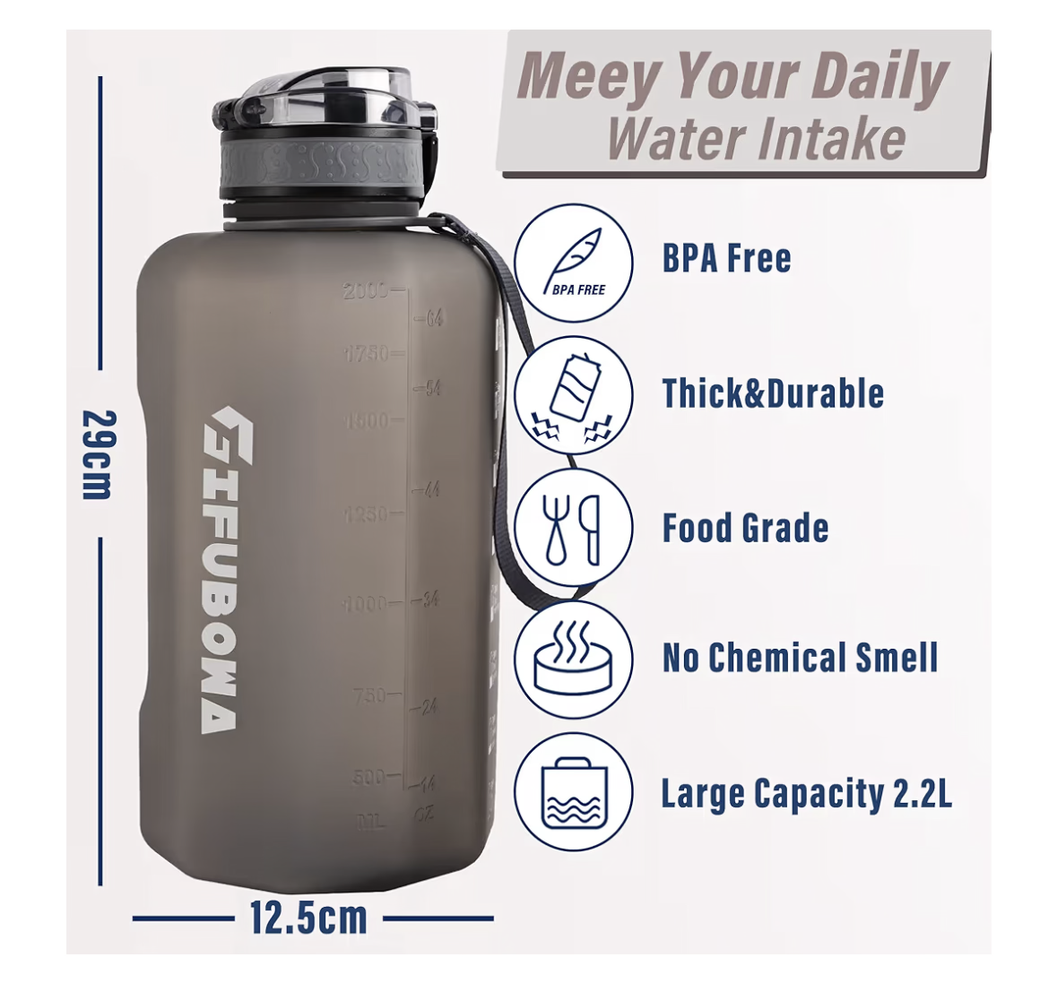 GIFUBOWA Big Water Bottle 2.2 Litre with Handle Leak Proof BPA Free Large Capacity Daily Drinks Jug for Gym Fitness