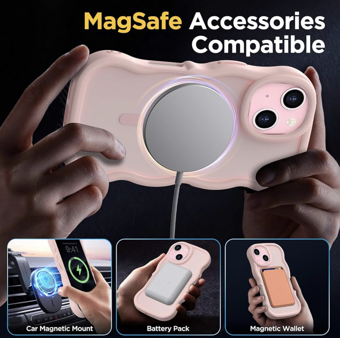 Suitable for iPhone 15 Phone Case for Women Girls Men, [Compatible with MagSafe] [Anti-Fall] Cute Wave Translucent Matte Phone Case for iPhone 15, Pink