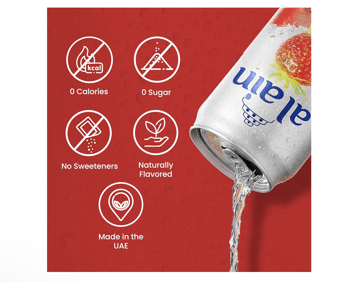 Al Ain Strawberry Sparkling Water 6x250ml Can ZERO Sugar, ZERO Calorie Strawberry Flavor