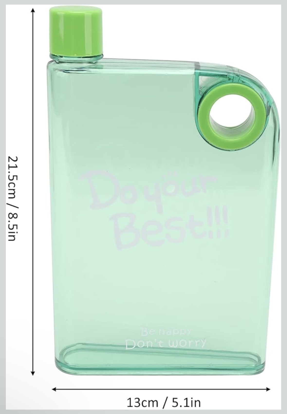 Flat Water Bottle, Portable Travel Mug, 420ml Slim Plastic Reusable Bottle with Cover & Round Hole for School, Sports, Travel, Dining, Green