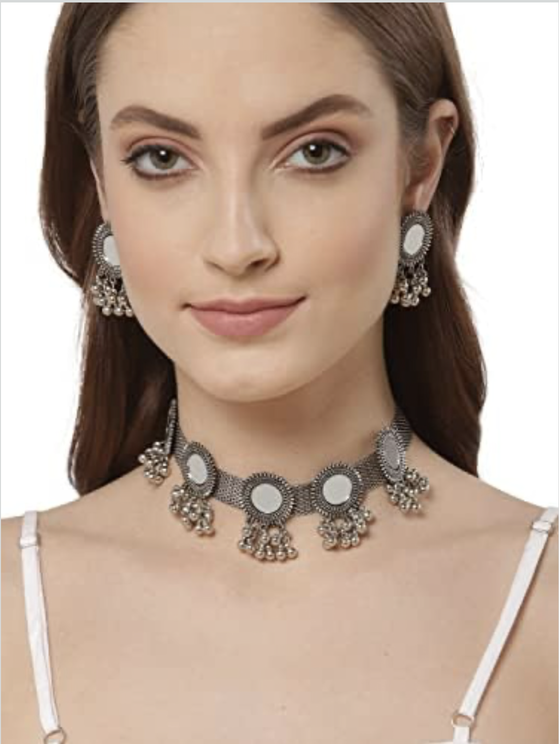Shining Diva Fashion Latest Stylish Fancy Oxidised Silver Tribal Choker Necklace Jewellery Set for Women