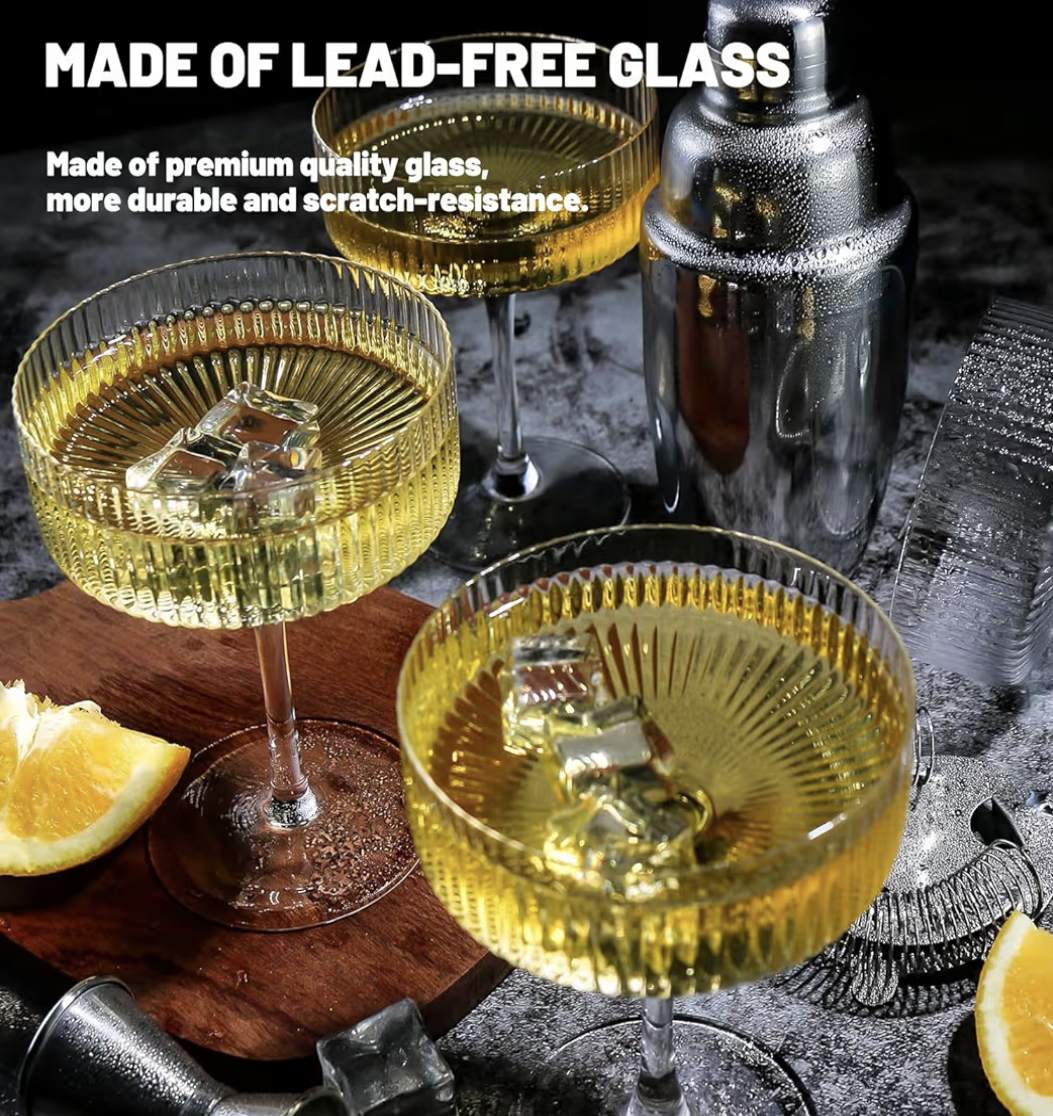 Ribbed Coupe Glasses, 6 Pcs 10 oz Vintage Cocktail Coupe Glasses Set, Unique Martini Glass, Classic Cocktail Galssware, Bar Drinking Glasses Set Pefect for Cocktail, Wine, Champagne & Gift