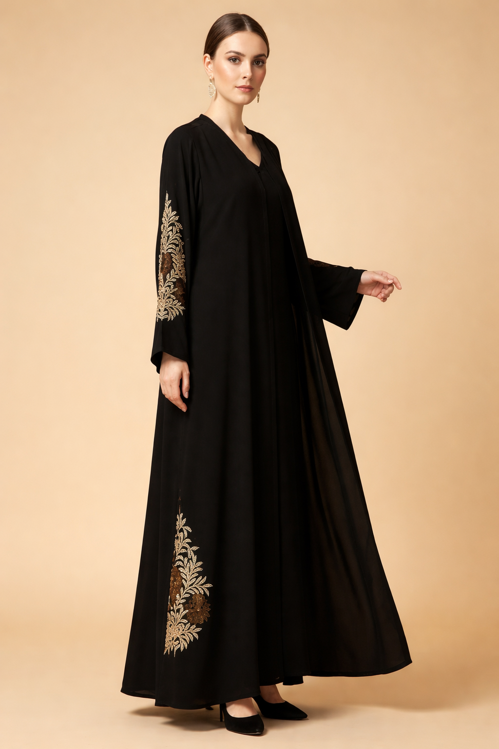 Elegant Black Floral Embroidered Abaya For Women's Button Closure V-neck Long Sleeve Muslim Abaya