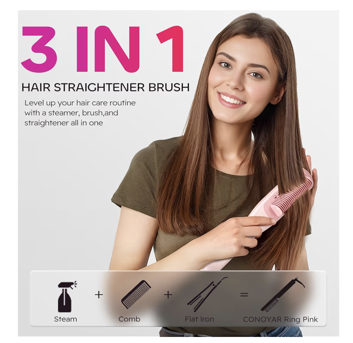 Steam Hair Straightener Brush, 3 in 1 Hair Straightening Brush with 4 Temperature Adjust, Anti Scald Ceramic Hair Straightening Comb Fast Heating for Home, Reduces Damage, Nourishes Hair