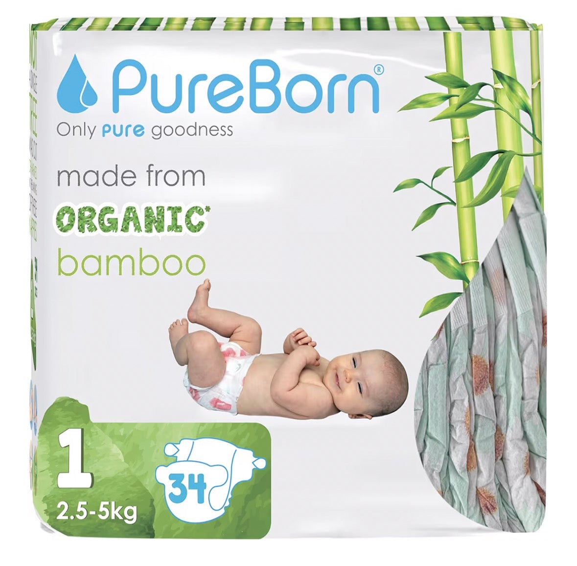 PureBorn Nappies Pure Organic Bamboo Nappies – Nappies Size 1 Hypoallergenic 34-Nappies Ultra Soft (Up To 5Kg) 100% Plant Based Eco Friendly Assorted Print