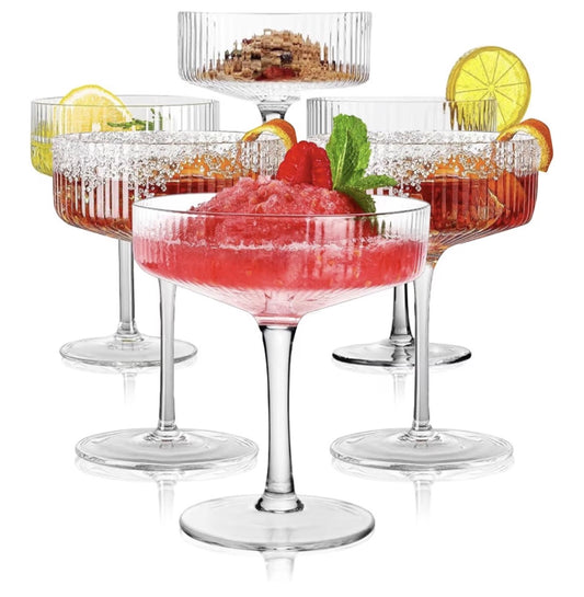 Ribbed Coupe Glasses, 6 Pcs 10 oz Vintage Cocktail Coupe Glasses Set, Unique Martini Glass, Classic Cocktail Galssware, Bar Drinking Glasses Set Pefect for Cocktail, Wine, Champagne & Gift