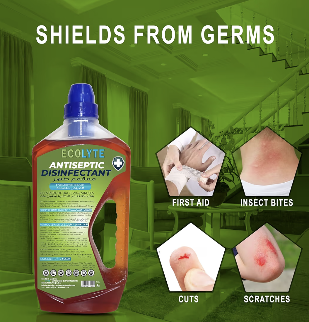 ECOLYTE+ Antiseptic Disinfectant, Premium Liquid for Effective Germ Protection Antibacterial & Personal Hygiene, Versatile & Effective, Used in Bathing, Laundry, All purpose Cleaner (1 Liter)
