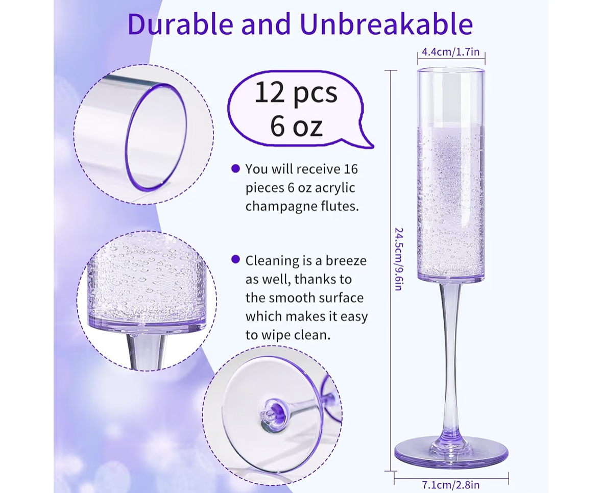 6 Pack Plastic Champagne Flutes, 5.5 Oz Reusable Acrylic Goblets, Unbreakable Disposable Cocktail Glasses, Elegant Party Drinkware for Weddings, Anniversaries & Celebrations (Clear)