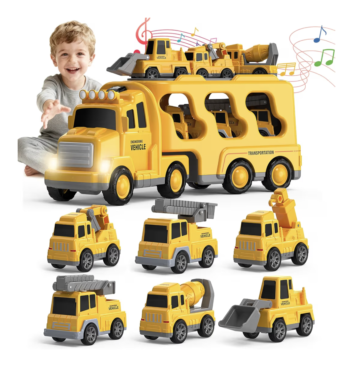 Skirtoy Construction Truck Toys Toddlers 3 4 5 6 7 Years Old,7 in 1 Truck Friction Power Toy Car with Light and Sound Transport Vehicle Carrier Truck, Car Toys Set for Boys & Girls 3-5 Years Old