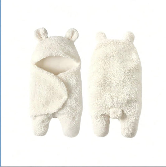 Baby Swaddle Wrap, Newborn Sleeping Bag Blanket, Bear Design with Ears, 100% Breathable Cotton, White, 0-6 Months, 68.5x61 cm