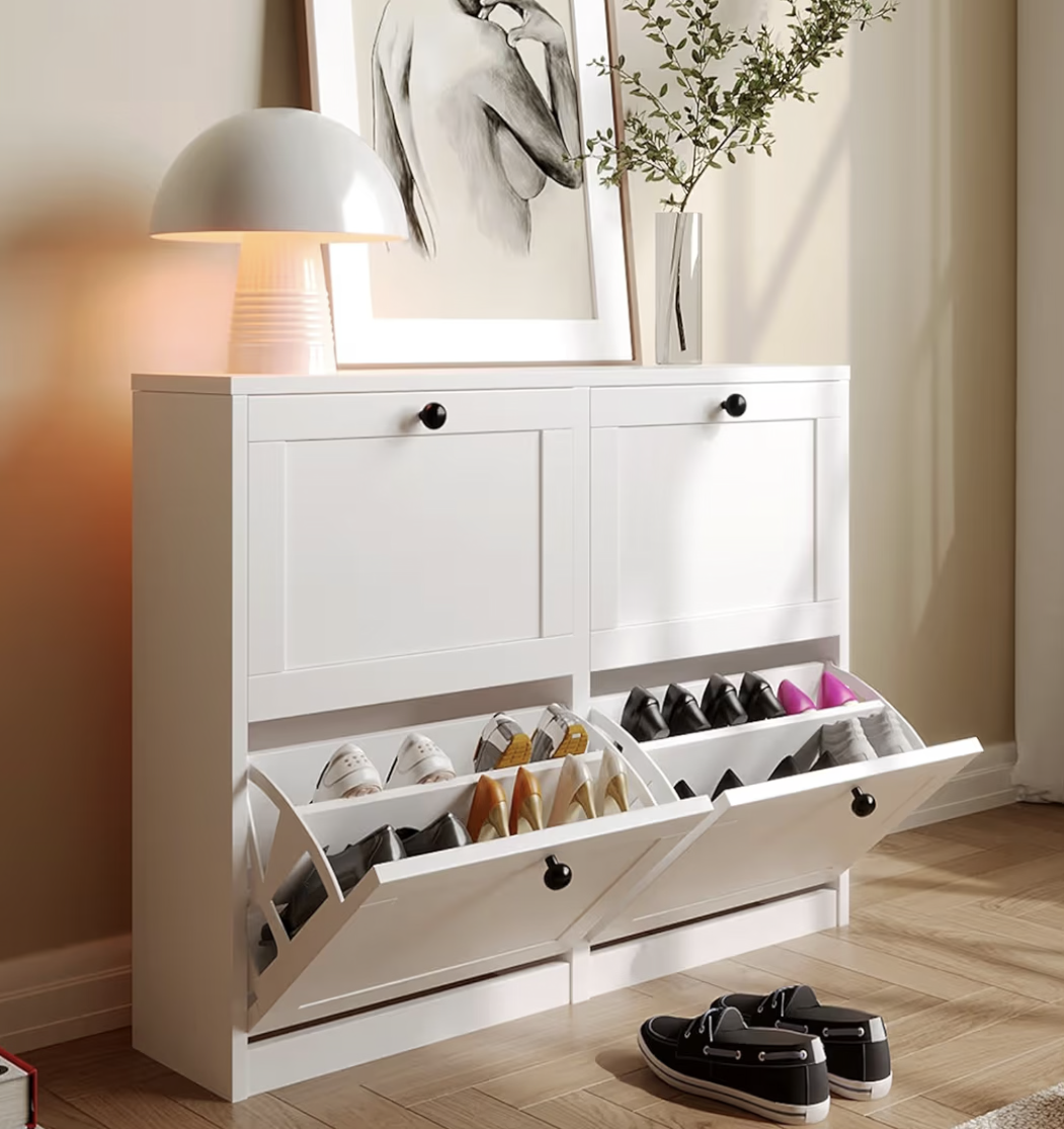 VOWNER Shoe Cabinet with 4 Flip Drawers, Shoes Storage Freestanding Shoes Organizer, Space-Saving Slim Narrow Shoe Rack Cabinet for Entryway, Foyer, Hallway
