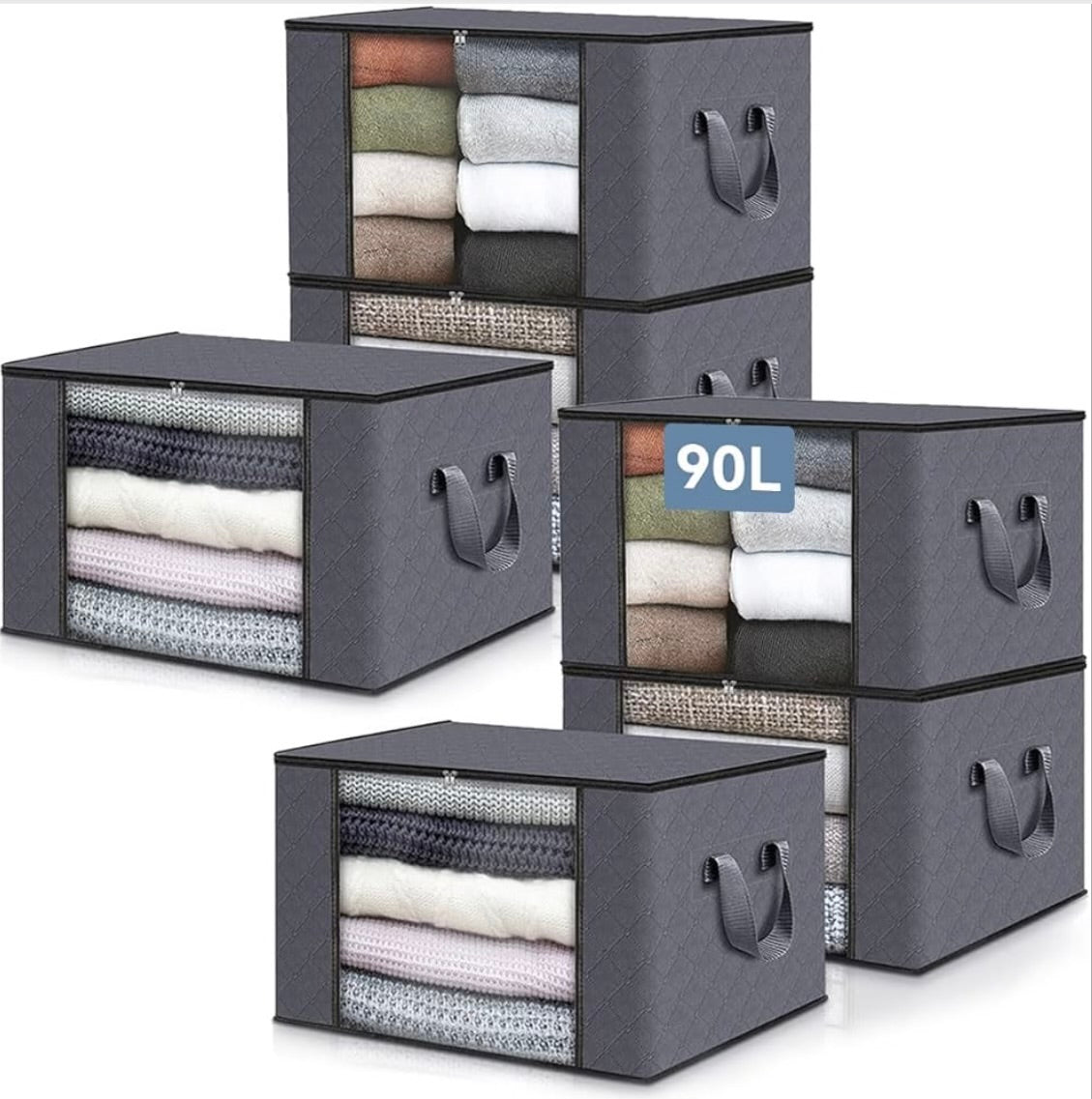 6 Pack 60x40 cm Large Foldable Clothing Storage Bags – 90L Foldable Clothes Storage Containers - Reinforced Handles & Heavy-Duty Fabric for Comforters, Clothes, Blankets, & Bedding