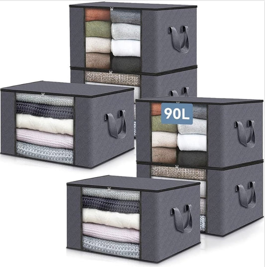 6 Pack 60x40 cm Large Foldable Clothing Storage Bags – 90L Foldable Clothes Storage Containers - Reinforced Handles & Heavy-Duty Fabric for Comforters, Clothes, Blankets, & Bedding
