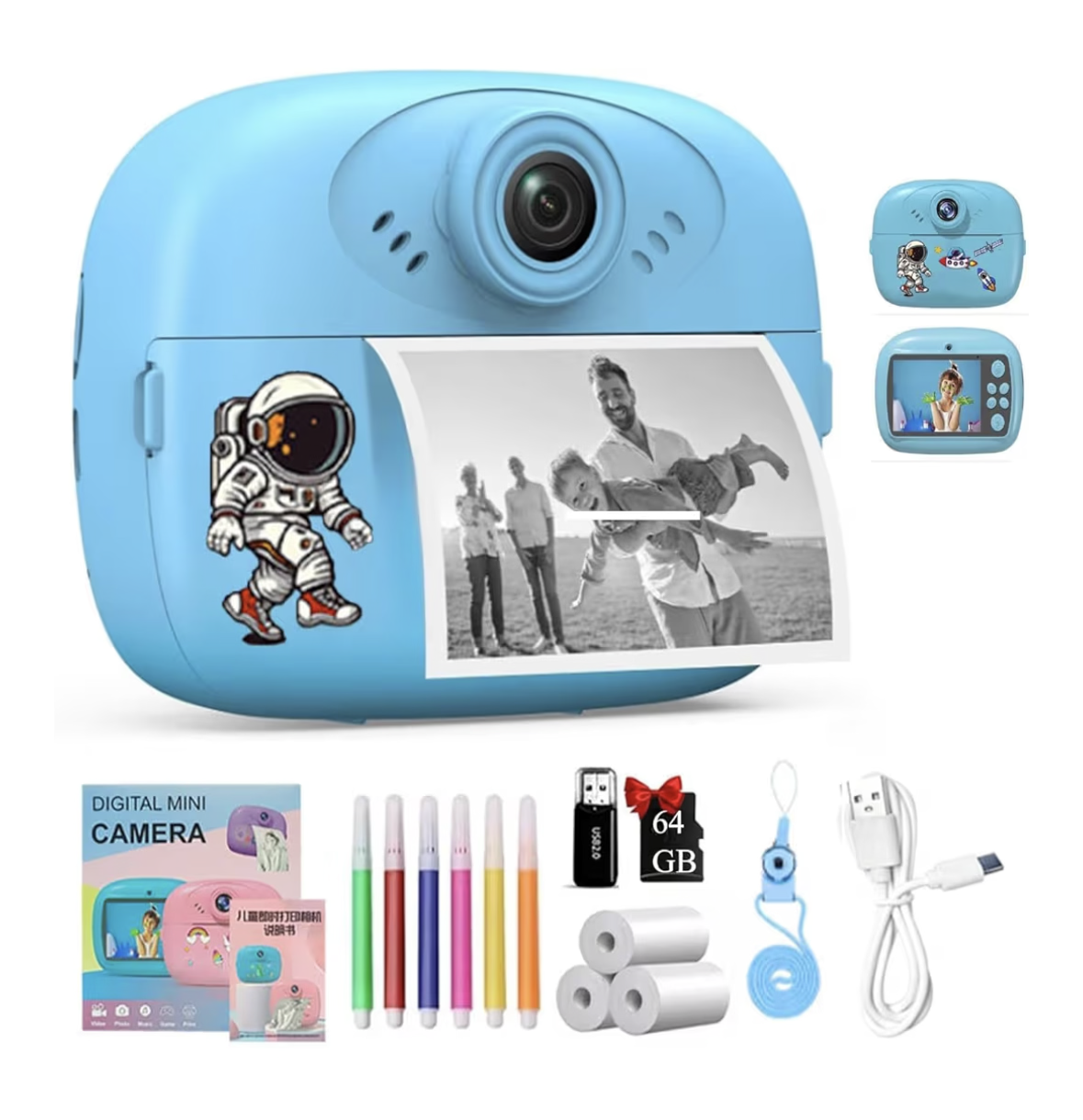 Instant Print Camera for Kids, 1080P HD Instant Print Photo with 3 Rolls Photo Paper & 5 Color Pens & DIY Graffiti, Birthday Gifts for Boys Girls (Blue(Astronaut))