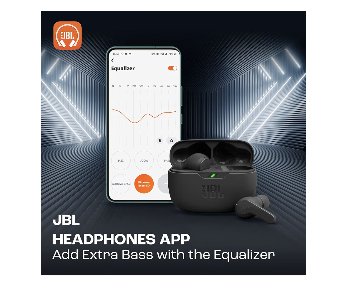 JBL Wave Beam True Wireless Earbuds, Deep Bass, Comfort Fit, 32H Battery, Smart Ambient, TalkThru, Hands-Free + VoiceAware, Water and Dust Resistant - Black, JBLWBEAMBLK