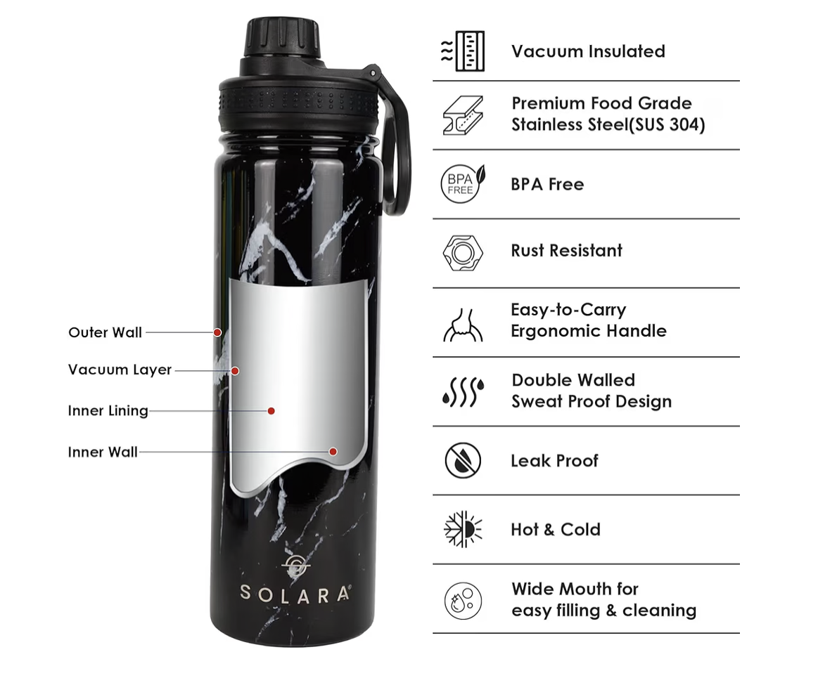 SOLARA Insulated Water Bottle 650ml, Thermosteel for Hot and Cold Drinks, Travel, Home, Office, School, Gym, Adults, Sipper Bottle, Black Marble