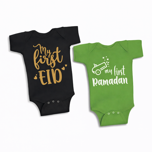 Brain Giggles My First EID Baby Onesie Romper and Ramadan Tshirt Printed Cotton Round Neck Romper for Ramadan Kareem, Eid Al Fitr or Eid Al Adha Holiday Celebration