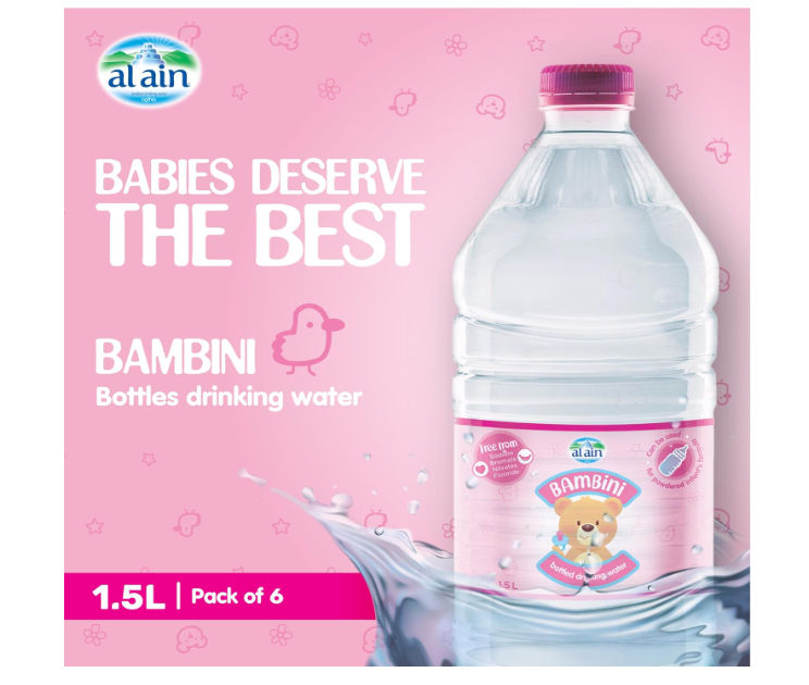 Al Ain Water Bambini, 1.5L Water, Pack of 6, Food Preparation Bottled Water, Ready to Use, Formulated Especially for Babies