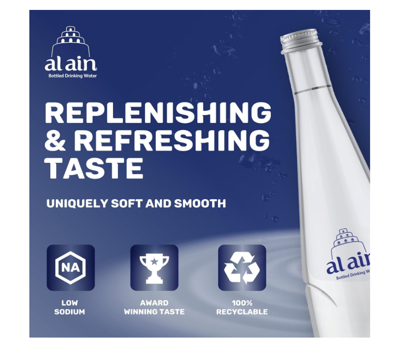 Al Ain Still Water 750ml, Pack of 4, Low Sodium Glass Bottled Water, Contemporary and Elegant Al Ain Water Bottles