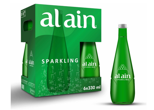 Al Ain Sparkling Water 330ml, Pack of 6, Sparkling Water in a Contemporary and Elegant Glass, Al Ain Water Reusable Bottles