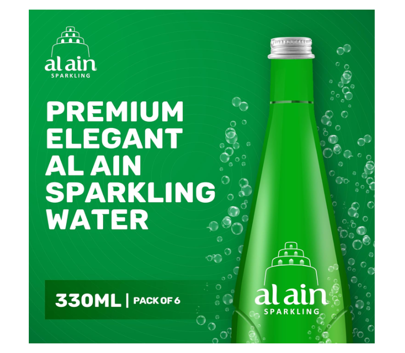 Al Ain Sparkling Water 330ml, Pack of 6, Sparkling Water in a Contemporary and Elegant Glass, Al Ain Water Reusable Bottles